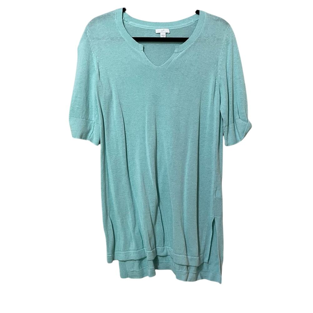 J Jill Teal Short Sleeve Linen Blend Tunic Sweater Womens S Beachy Casual Summer